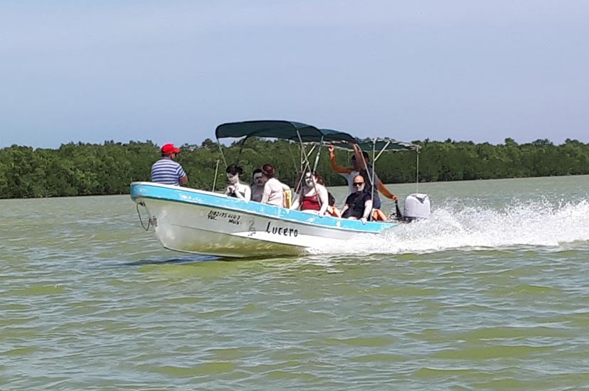 Lancha turistica paseando por ría lagartos